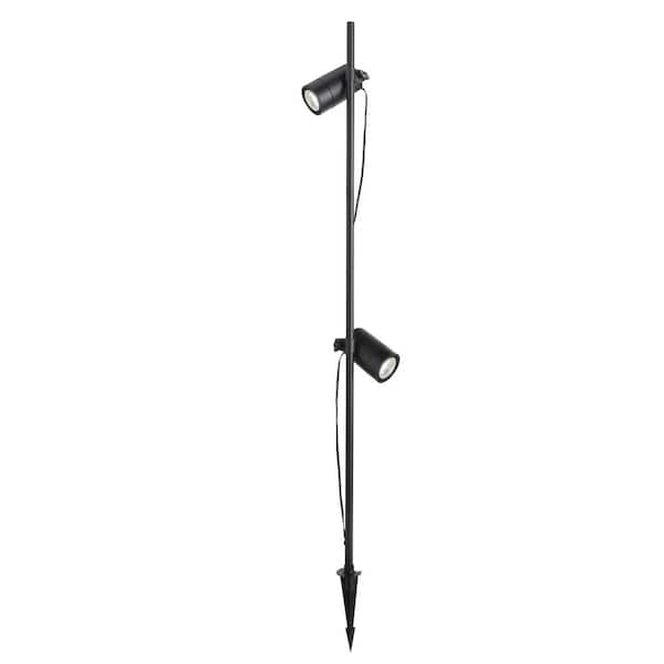 Hampton Bay 480 Lumen Low Voltage Black Integrated LED Outdoor Spotlight with 2 Adjustable Spotlights on a 28-42 in. Pole (1-Pack)