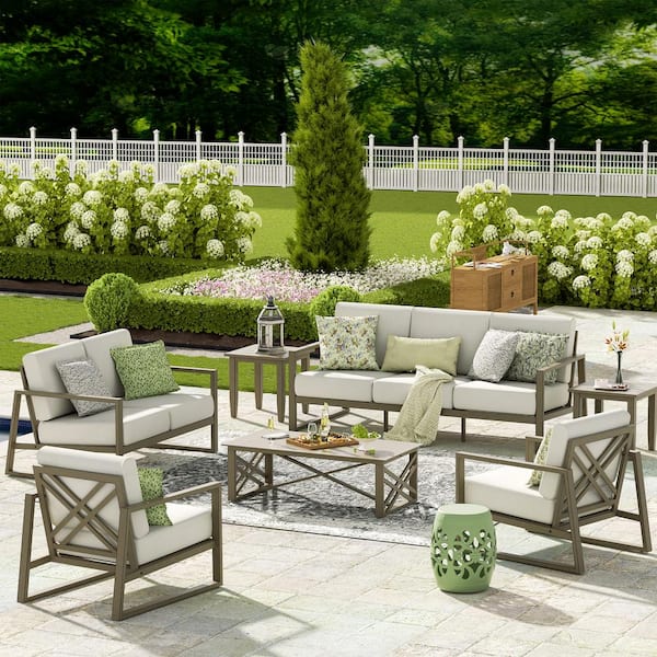 PEAK HOME FURNISHINGS Hamarto 7-Piece Aluminum Patio Outdoor Conversation Set with Warm White Cushions Sofa