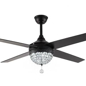 42 in. Integrated LED Indoor Vintage Black 4 Wooden Blades Crystal Ceiling Fan Light with Remote Control