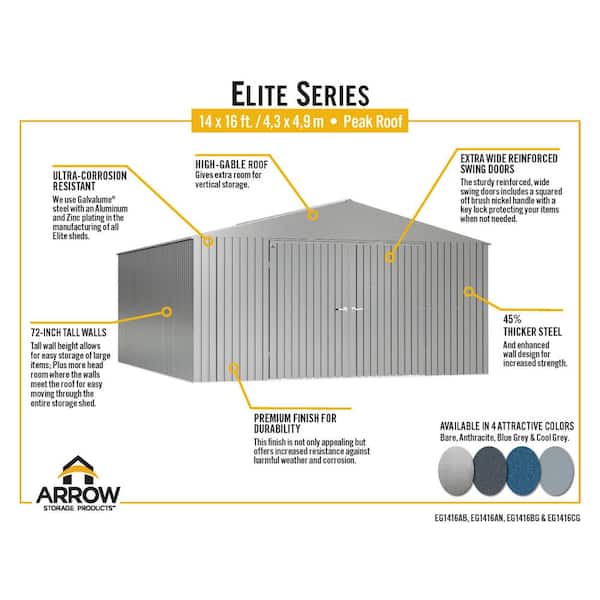 Arrow Elite Storage Shed 16 ft. W x 14 ft. D x 8 ft. H Metal Shed 224 sq. ft.