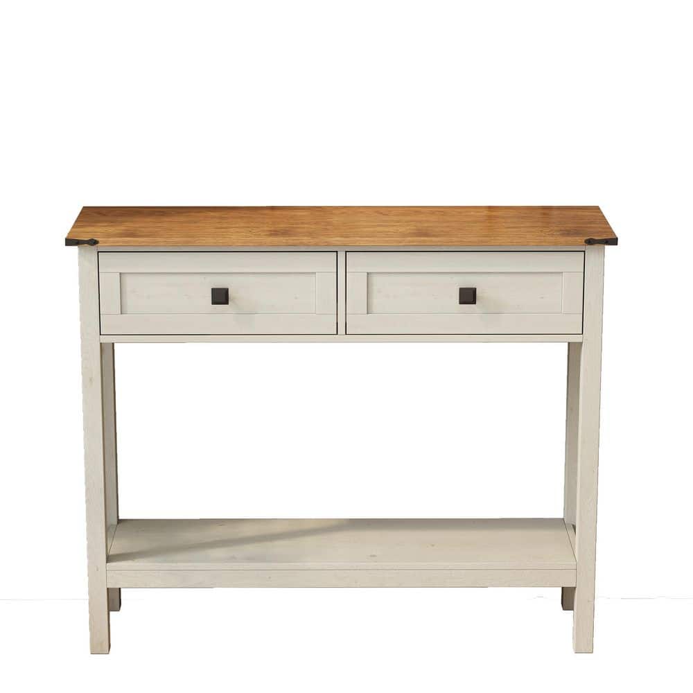 Farmhouse Style 39.37 in. W Antique White Rectangle MDF Console Table with 2 Drawer and Bottom Storage Shelf price history on PriceWatchPro