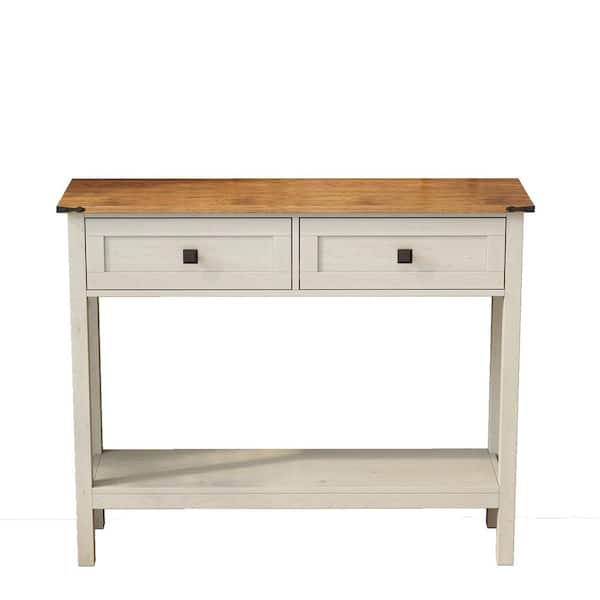 Boyel Living Farmhouse Style 39.37 in. W Antique White Rectangle MDF Console Table with 2 Drawer and Bottom Storage Shelf
