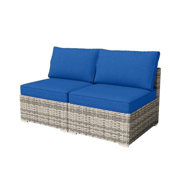Chic 2 Pieces Wicker Patio Conversation Seating Sofa Set with Navy Blue Cushions
