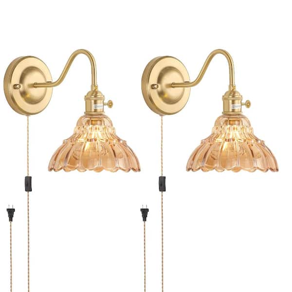 Set of 2 Gold Plug In Wall Sconce Light Fixtures with White Lily Glass Shades Vintage Indoor Standard Light Bulb
