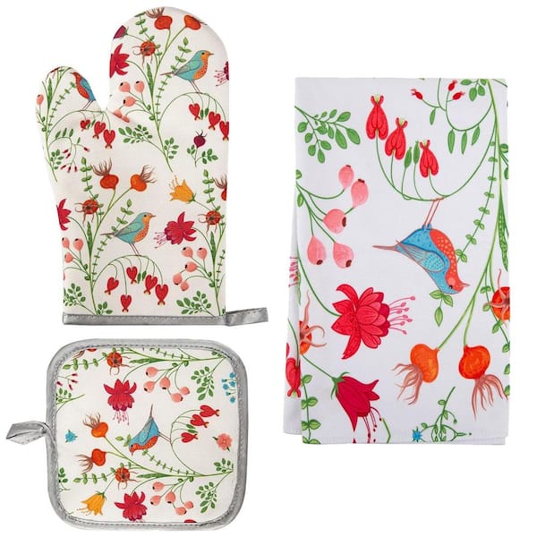 Floral Print Heat Resistant Pizza Baking Set with Oven Mitt, Pot Holder and Kitchen Towel in Green, Gifts for Women
