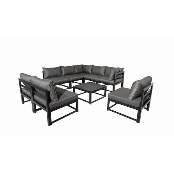 Outdoor Furniture Set, 9 Pieces Aluminum Sectional Sofa Set with Gray Cushion and Coffee Table - 2 Cornerplus 6 Middle