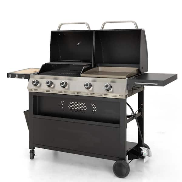 5-Burner Propane Gas Grill and Griddle Combo in Black with Cooking Grates and Plate