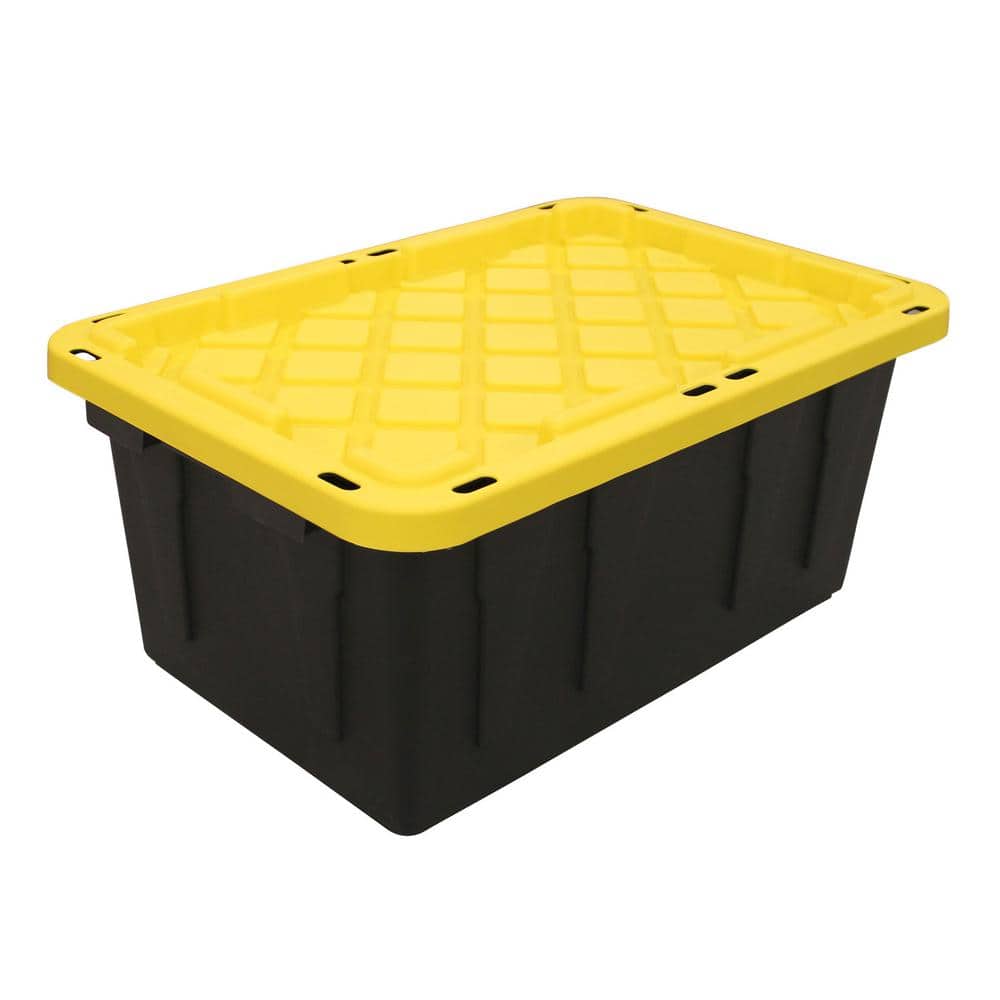 HDX 7 Gal. Tough Storage Tote in Black with Yellow Lid 206152 - The Home  Depot