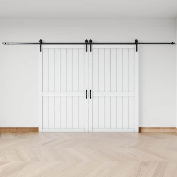 96 in. x 84 in. White Paneled H Style White Primed MDF Sliding Barn Door with Hardware Kit and Soft Close
