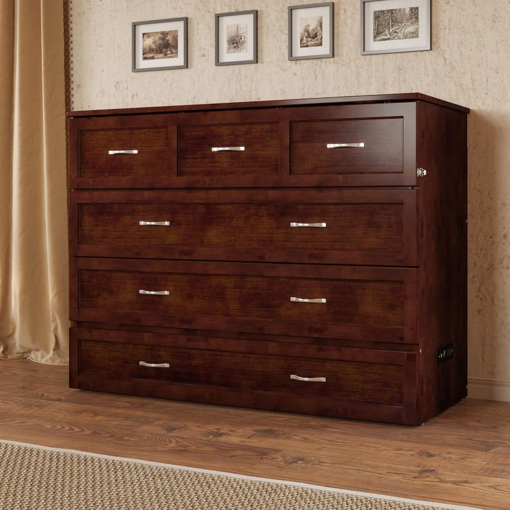Walnut Full Murphy Bed Chest with Storage Drawer