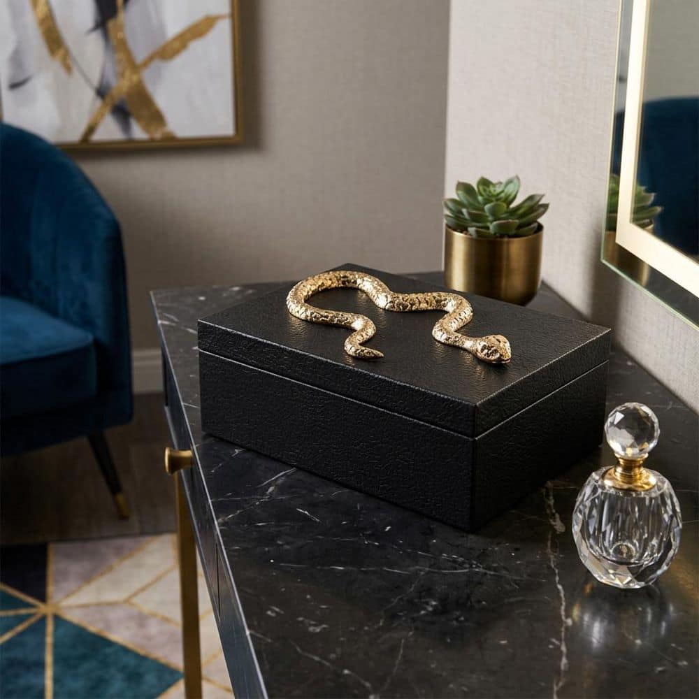 Black/Gold 8 in. x 11 in. Wood/Leather Rectangular Snake Decorative Box