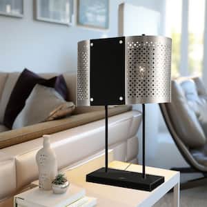Noho by Robin Baron 28 in. Brushed Nickel and Sand Black Table Lamp with Pierced Metal Shade