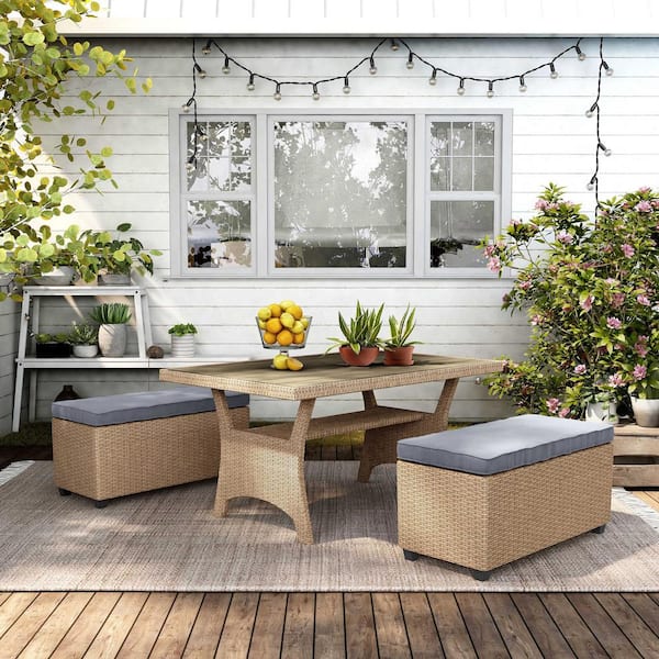 MUSE & LOUNGE Dasan Natural 3-Piece Wicker Outdoor Dining Set with Gray Cushions