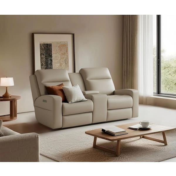 75 in Square Arm Leather Power Reclining Loveseat with Adjustable Headrest & Lumbar, Wireless Charging in Light Beige