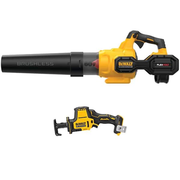 FLEXVOLT 60V MAX 125 MPH 600 CFM Brushless Cordless Battery Powered Blower, 20V MAX Recip Saw w/ 3 Ah Battery, Charger