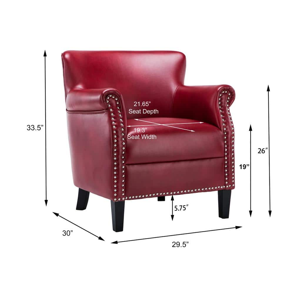 Traditional Red Leather Accent Chair with Wood Frame and Nailhead Trim