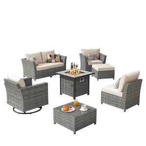 Bexley Gray 8-Piece Wicker Fire Pit Patio Conversation Seating Set with Bold-stripe Beige Cushions and Swivel Chairs