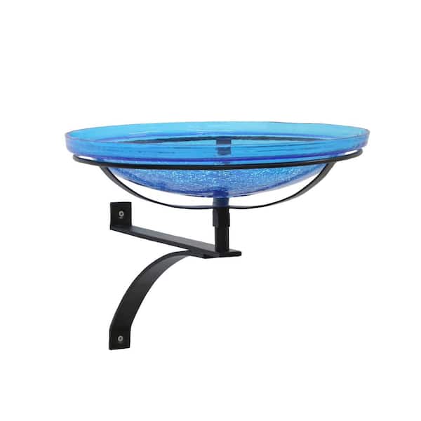 ACHLA DESIGNS 14 in. Dia Round Teal Blue Crackle Glass Birdbath with Black Wrought Iron Wall Mount Bracket