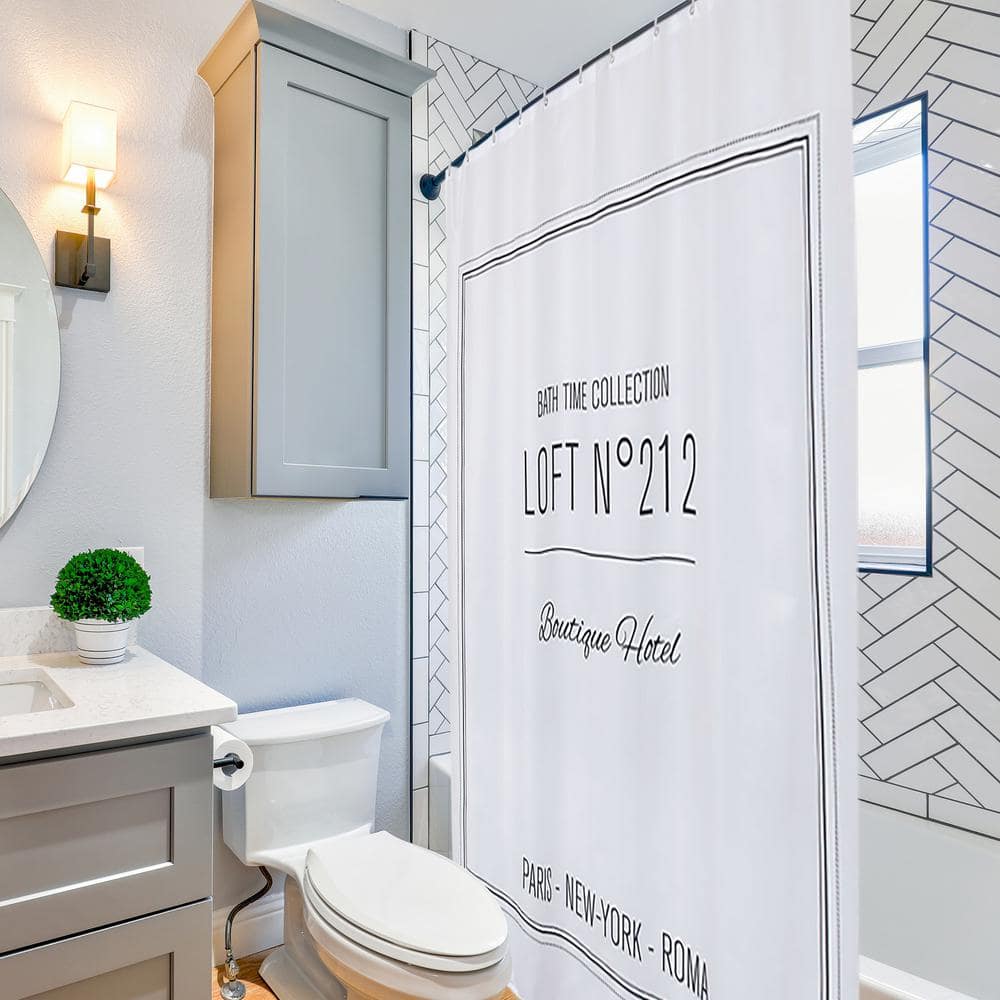 Extra Long White Polyester Shower Curtain with Black Writing Design