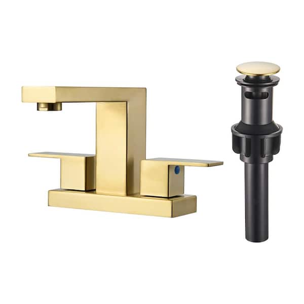 cobbe 304-Stainless Steel 4 in. Centerset Double Handle Bathroom Faucet with Drain Kit Included in Gold