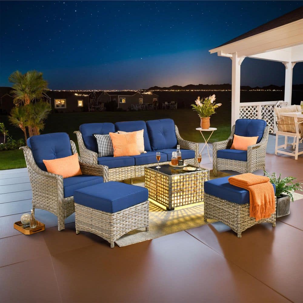 Cristiano 6-Piece Wicker Patio Conversation Seating Sofa Set with Navy Blue Cushions and Lighted Coffee Table price history on PriceWatchPro