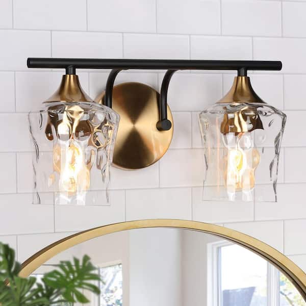 Jallie 14 in. Modern 2-Light Black Wall Sconce Brass Gold Transitional Bath Lighting Water Glass Bathroom Vanity Light