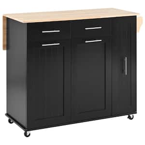 Black Wood 46 in. Kitchen Island on 5 Wheels with Drop Leaf, 3 Tier Pull Out Cabinet Organizer and 2 Drawers