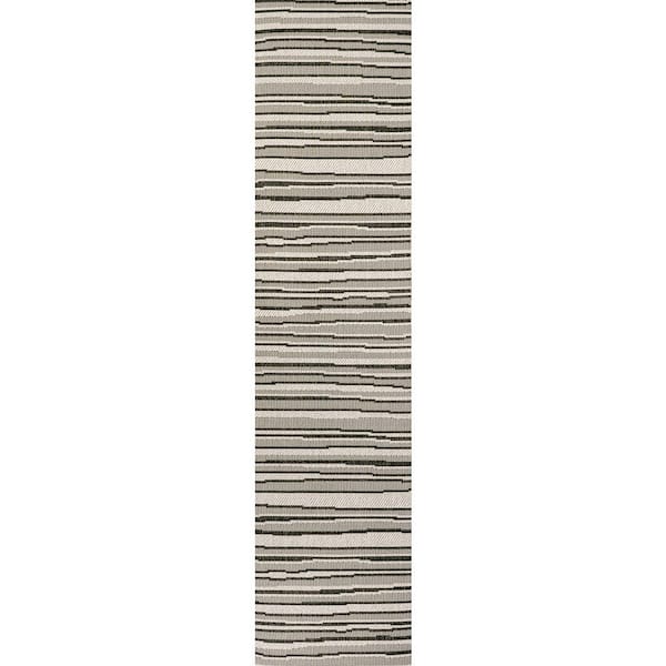 Castara Cream/Dark Gray 2 ft. x 8 ft. Wavy Stripe Modern Indoor/Outdoor Area Rug