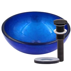 Mini Verdazzurro 12 in. Blue Foiled Glass Round Vessel Sink with Drain and Mounting Ring in Oil Rubbed Bronze
