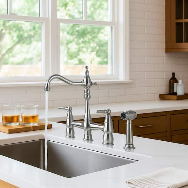 4 Hole Double Handle Bridge Kitchen Faucet with Side Sprayer Deck Mount in Brushed Nickel