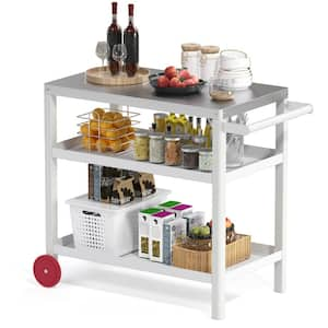 White Outdoor Prep Cart Movable Dining Cart Table BBQ Grill Cart