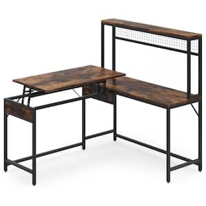 Perry 55 in. L-Shaped Brown Wood Computer Desk with Hutch and Adjustable Lift Top