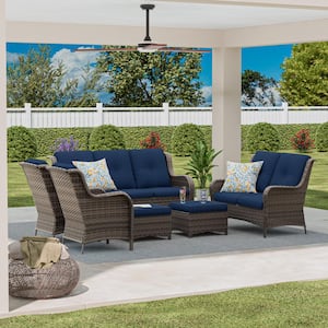 6-Piece Steel Outdoor Patio Conversation Seating Set Backyard Garden with Blue Cushions