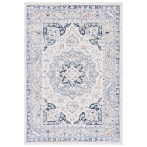 Blair Beige/Gray Navy 9 ft. x 12 ft. Machine Washable Border Floral Area Rug