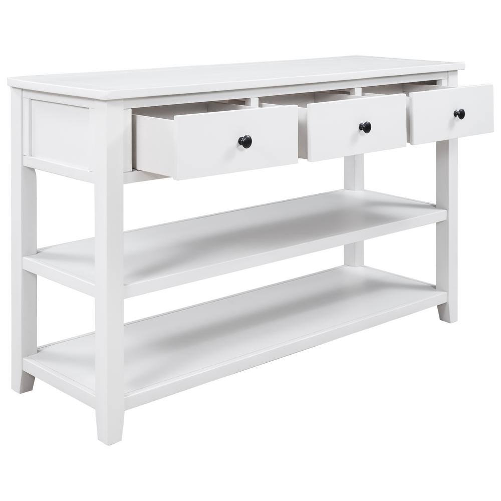 White Pine Wood Console Table with Storage Shelves and Drawers