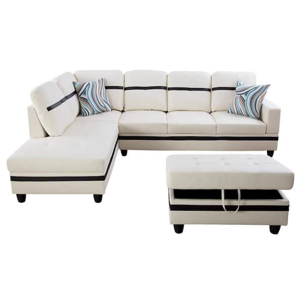 AndMakers 103.5 in. W Square Arm 3-piece L Shaped Faux Leather Sectional Sofa in White And Black