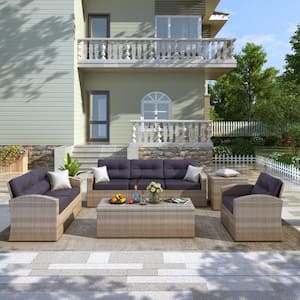 5-Piece Wicker Outdoor Patio Sectional Conversation Seating Set with Navy Blue Cushions