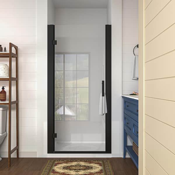 waterpar 34 to 36 in. W x 72 in. H Pivot Swing Frameless Shower Door in Black with Clear Glass