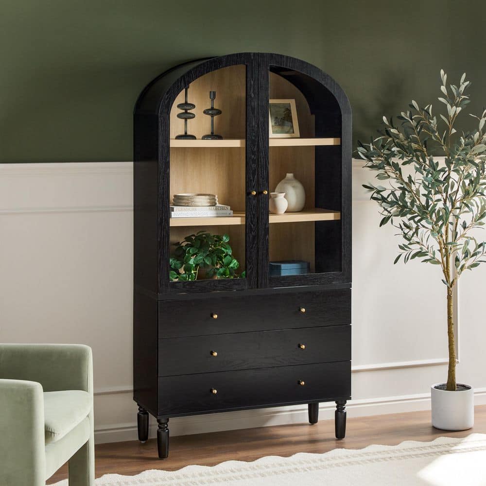 Darci 74 in. Tall Black Modern MDF 3-Shelf Arched Bookcase Cabinet with Glass Doors and Drawer Storage