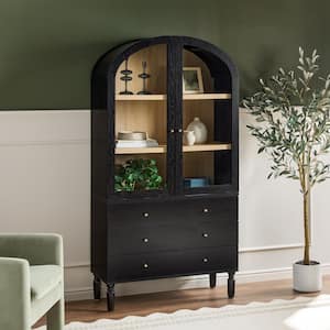 Darci 74 in. Tall Black Modern MDF 3-Shelf Arched Bookcase Cabinet with Glass Doors and Drawer Storage
