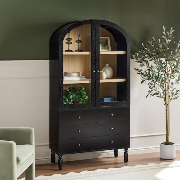 Darci 74 in. Tall Black Modern MDF 3-Shelf Arched Bookcase Cabinet with Glass Doors and Drawer Storage
