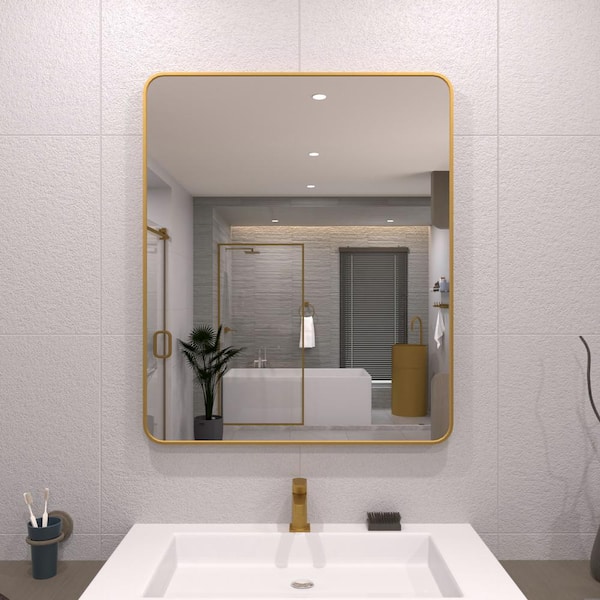 TaiMei 30 in. W x 36 in. H Rectangular Framed Wall Bathroom Vanity Mirror in Gold