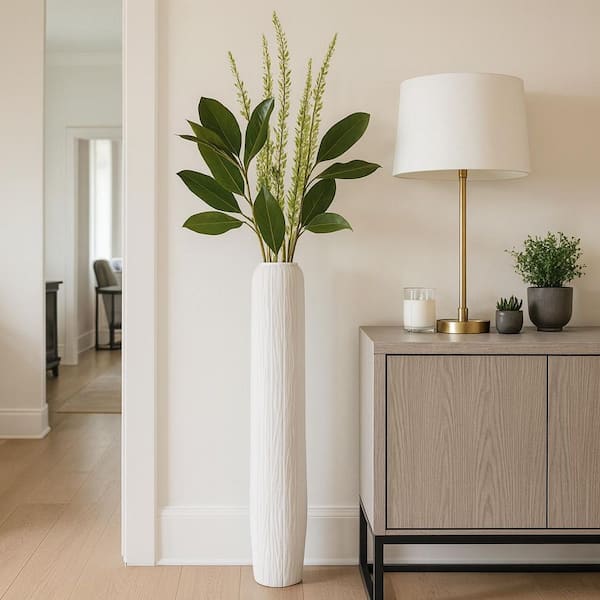 48 in. White Ceramic Rough Cylinder Floor Decorative Vase