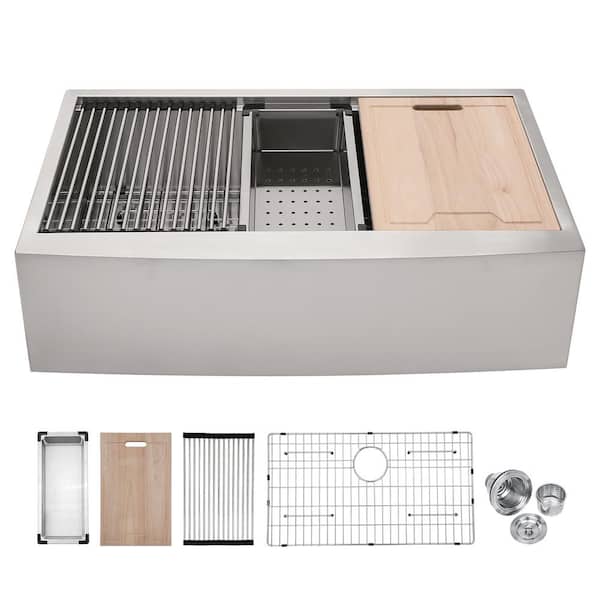Maincraft Brushed Nickel 18-Gauge Stainless Steel 30 in. Single Bowl Farmhouse Apron Workstation Kitchen Sink with Accessory Kit