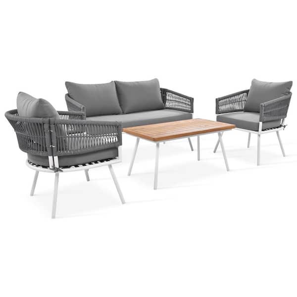 Sudzendf White 4-Piece Rope Metal Patio Conversation Set with Gray Cushions, Wood Table