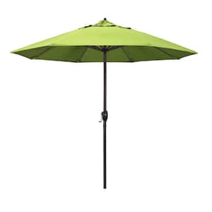 9 ft. Bronze Aluminum Market Auto-tilt Crank Lift Patio Umbrella in Parrot Sunbrella