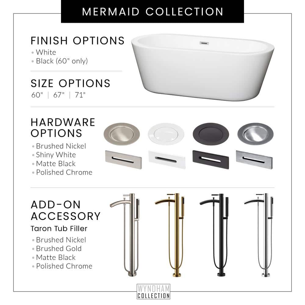 Mermaid 60'' White Acrylic Freestanding Bathtub with Matte Black Trim