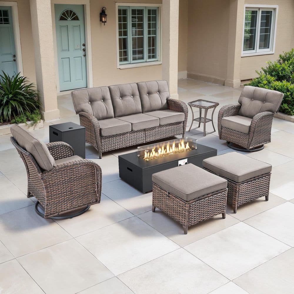 TWrap Brown 7-Piece Wicker Outdoor Patio Fire Pit Conversation Set with Gray Cushions and Swivel Gliders price history on PriceWatchPro
