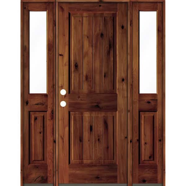 Krosswood Doors 58 in. x 80 in. Rustic Alder Square Red Chestnut Stained Wood V-Groove Right Hand Single Prehung Front Door