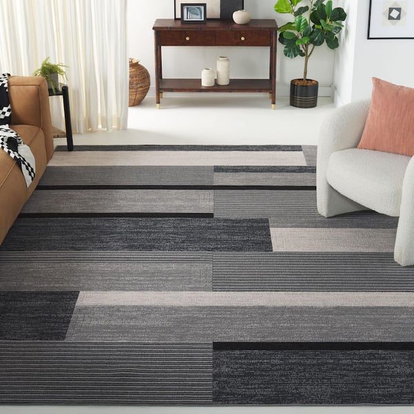 Odyssey 7 ft. x 7 ft. Dark Gray/Black Ivory Abstract Striped Square Area Rug